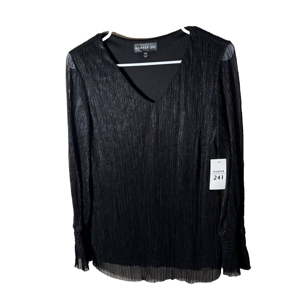 Harper 241 T-Shirt Women's Petite Medium Shiny Metallic Sheer Career Layered Top